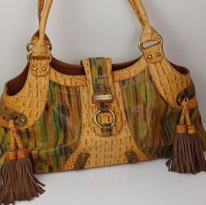 SHARIF Snakeskin Canvas & Faux Croc Leather Radically Tasseled Vintage Satchel